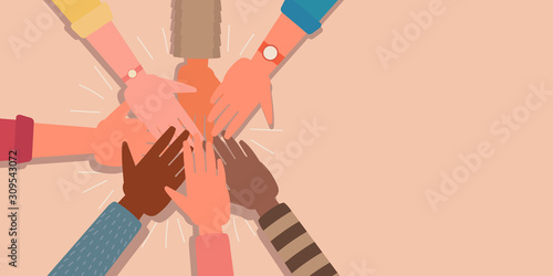 young people putting their hands together, men and women arms group for community, teamwork, diversity, friendship. cartoon vector flat illustration