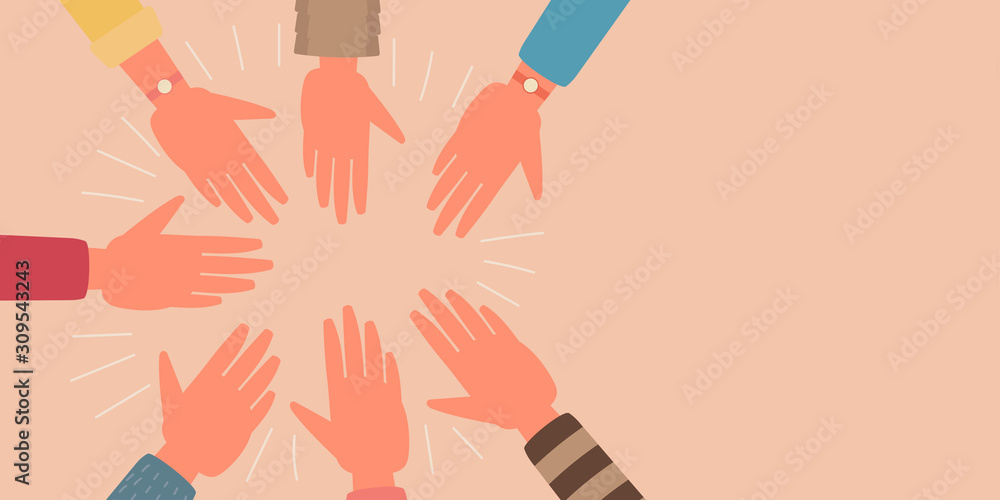 young people hands group round together, community, unity, celebration,  friendship, teamwork concept isolated background. cartoon vector flat  illustration Stock Vector | Adobe Stock