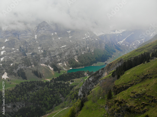 Mountains tops with green trees covered by fog     Swiss alps