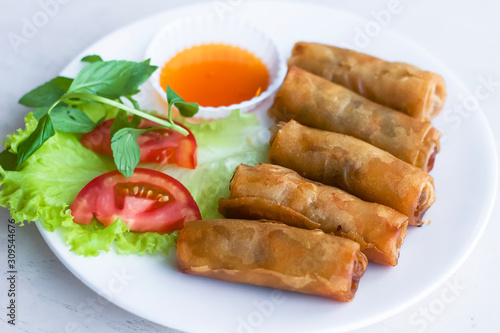 traditional vietnamese dish. Spring rolls, homemade egg rolls, vegetarian food. Asia street food, view from above, soft focus