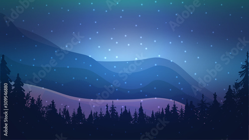 Night winter landscape with mountains, forest, snow and Northern lights