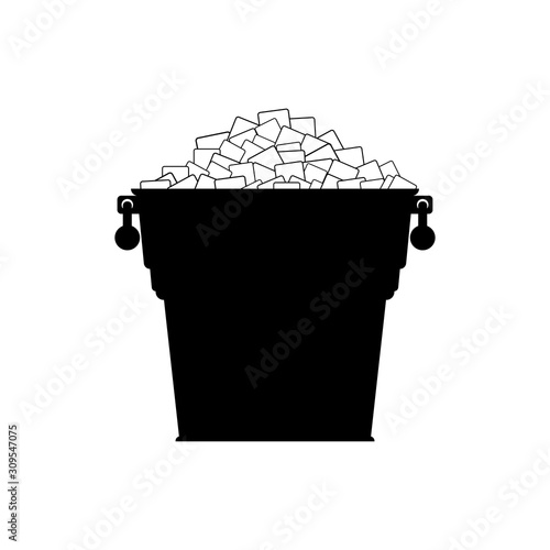 Pail with white ice. Silhouette small metal bucket with pile square ice cubes. Icon. Vector illustration on white background.
