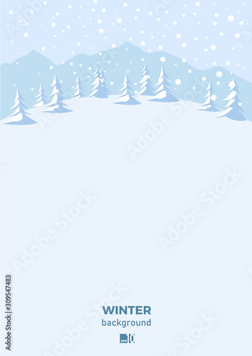 winter snow landscape background with fir trees. Illustration for poster, cover or advertising