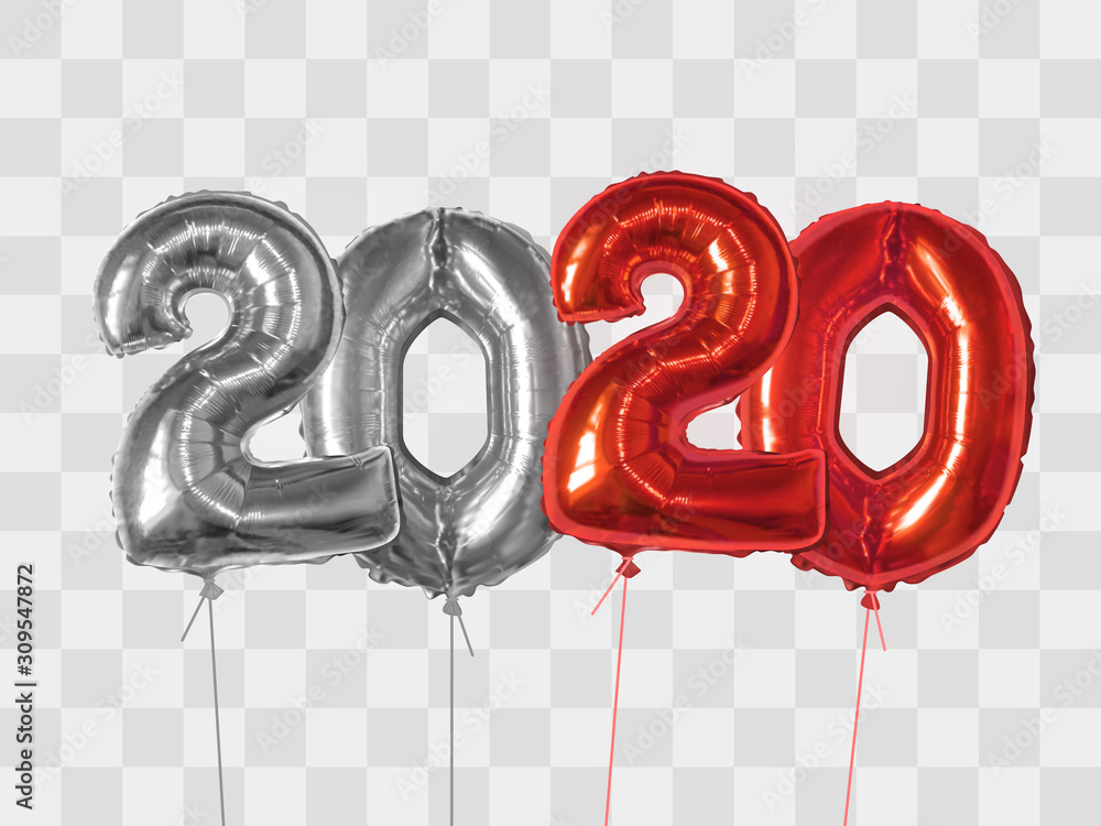 Silver and redfoil balloons number 2020 - obrazy, fototapety, plakaty 