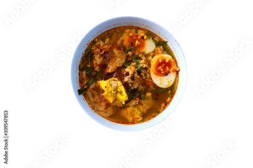 noodles Tom yum egg delicious taste sour and spicy Thai , with colors White background appropriate the Backdrop, idea copy space