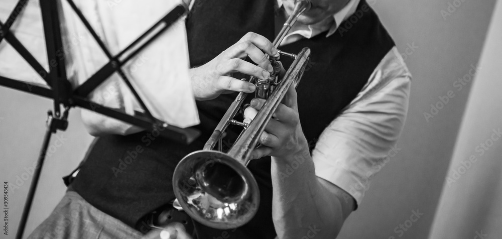Obraz premium Trumpet in musician hands. Retro stylized
