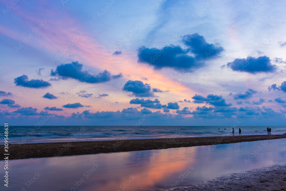 Scenic View Of Sea Against Sky During Sunset at Chao Lao Beach, Chanthaburi, Thailand.