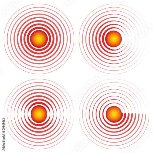Sign symbol epicenter pain localization vector red circles with yellow center icon sore throat joints, sore spot or bruised body part mark