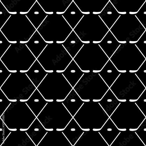 Vector illustration of hockey. Stick and puck. Seamless pattern background.