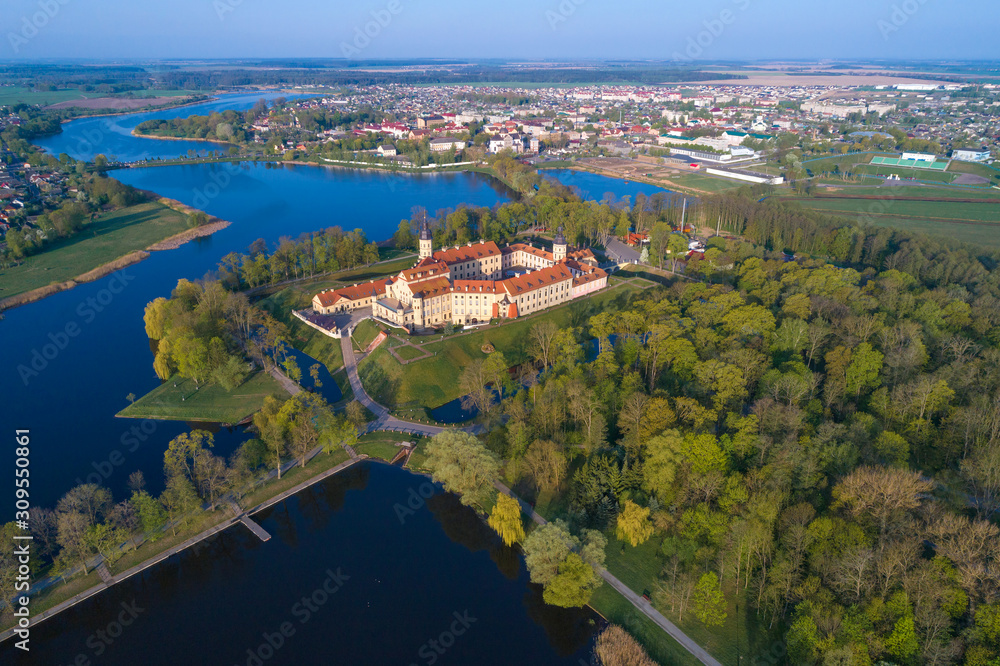 View of the old Nesvizh castle on a May morning (aerial photography). Belarus