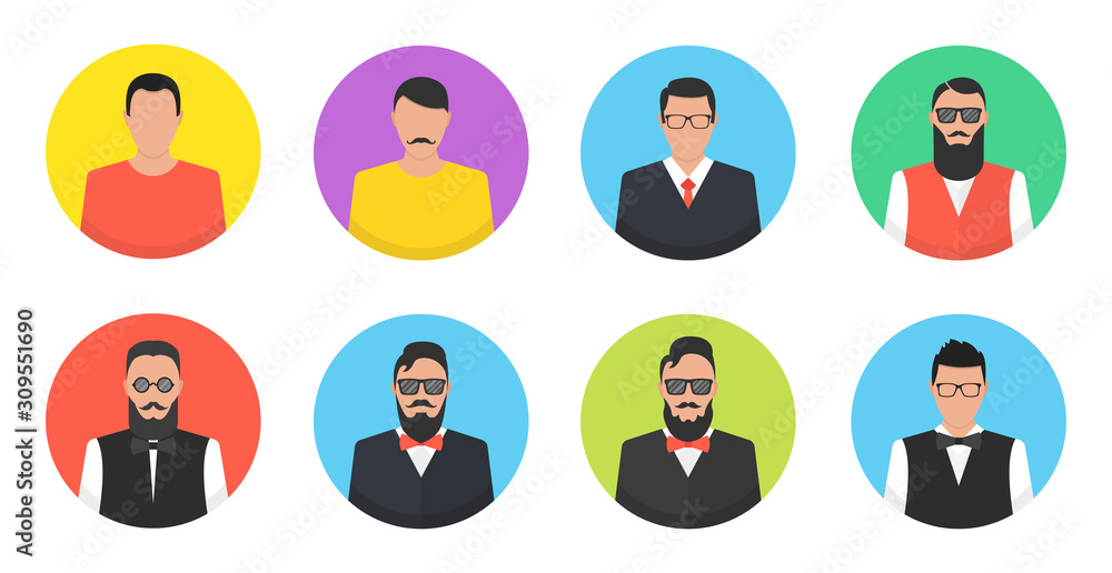 Set of circle flat icons with men. Set of circle flat icons with men.