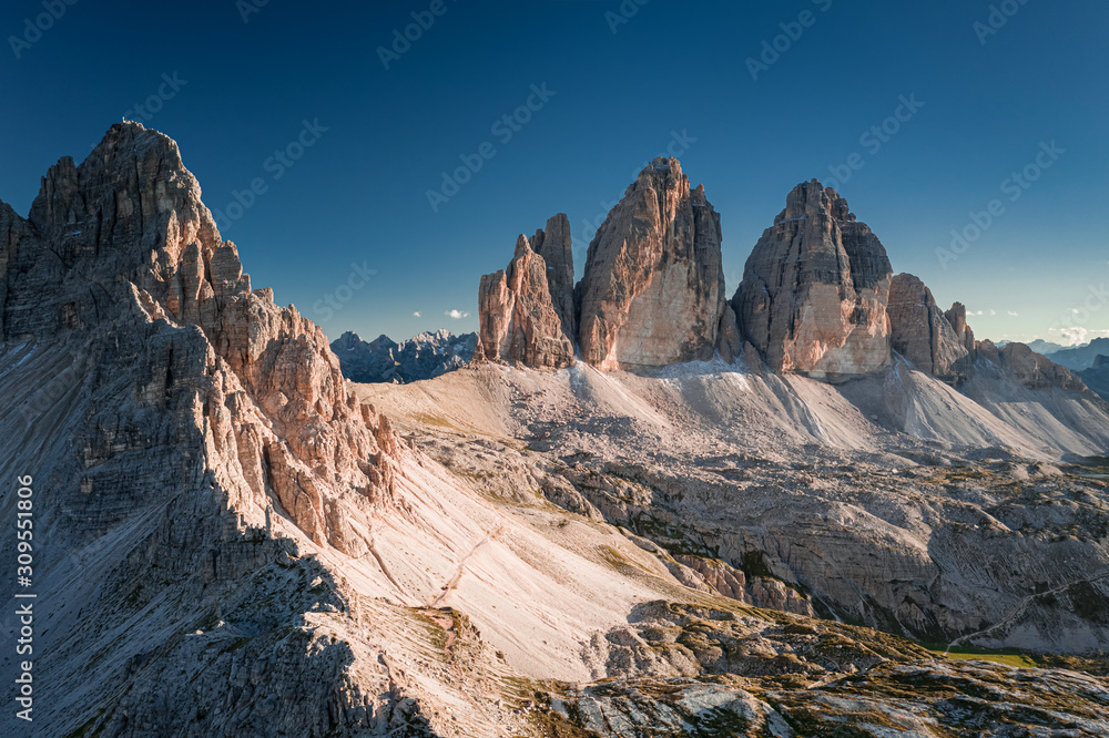 Aerial view of Tre Cime and Monte Paterno, Dolomites