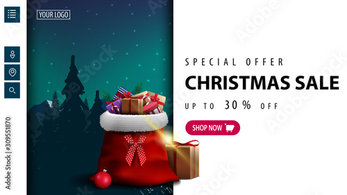 Special offer, Christmas sale, up to 30% off, white discount banner for website with pink button, green landscape on background and Santa Claus bag with presents