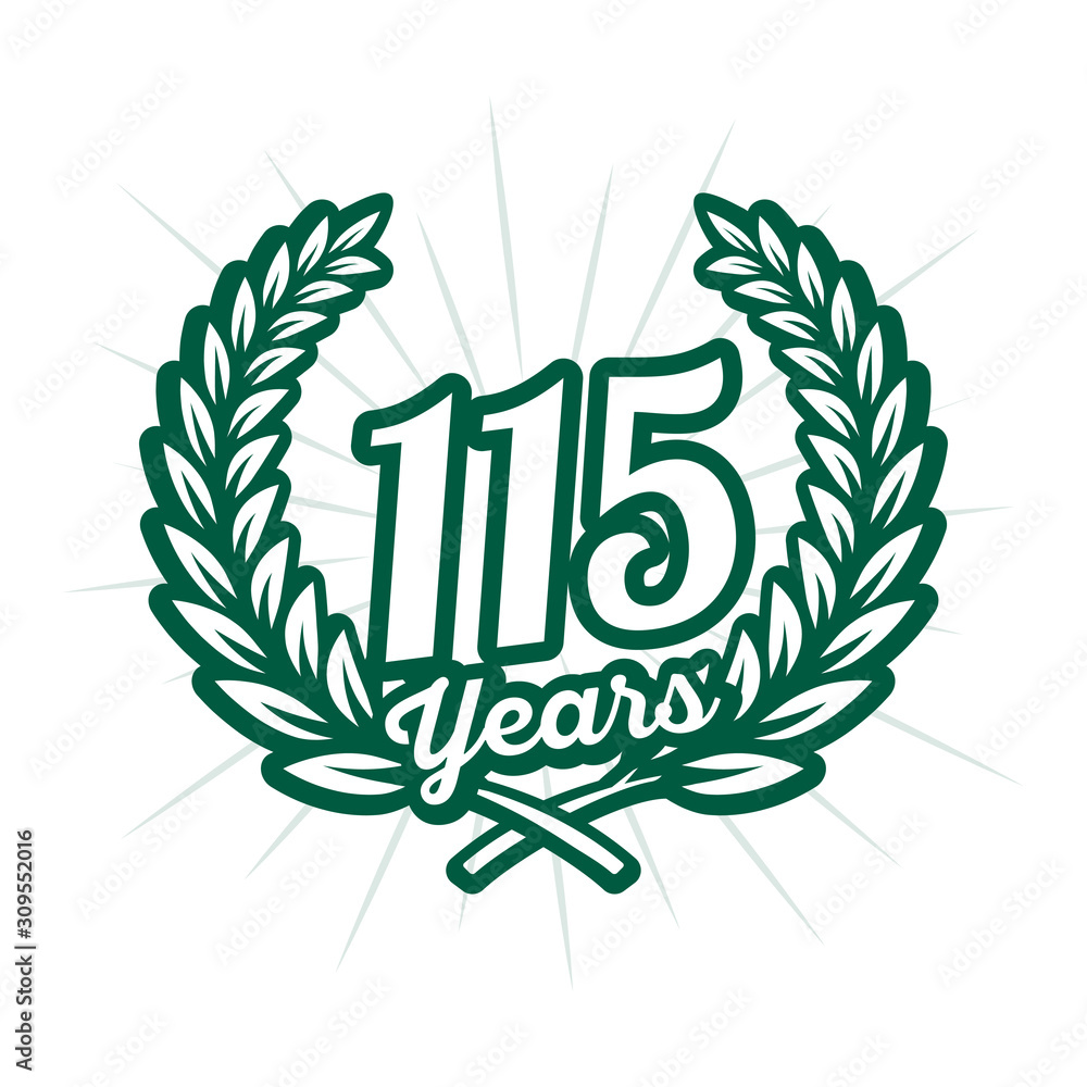115 years anniversary celebration with laurel wreath. One hundred fiftheenth anniversary logo. Vector and illustration. 115 years anniversary celebration with laurel wreath. One hundred fiftheenth anniversary logo. Vector and illustration.