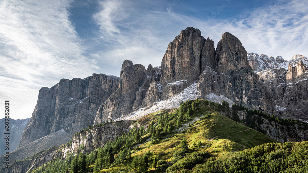 Green hills at Passo Gardena in Dolomites, Italy