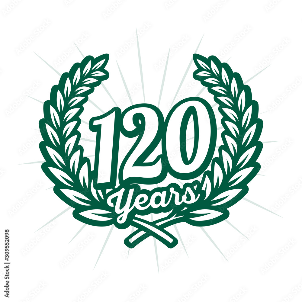 120 years anniversary celebration with laurel wreath. One hundred twentieth anniversary logo. Vector and illustration. 120 years anniversary celebration with laurel wreath. One hundred twentieth anniversary logo. Vector and illustration.
