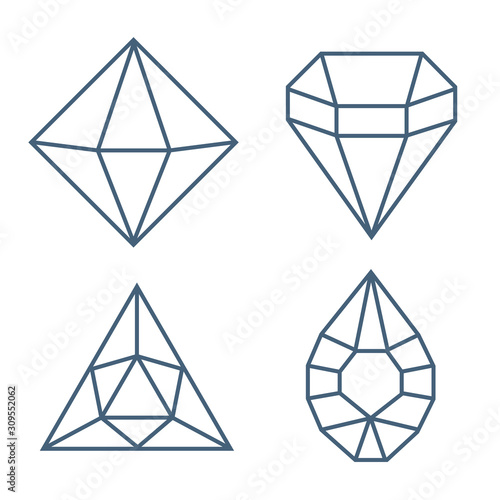 Jewels diamond icons. Diamonds gems, luxury jewel gemstones and precious gem. Crystal gemstone, jeweler gems precious or jeweller brilliant treasure. Isolated vector line icon set