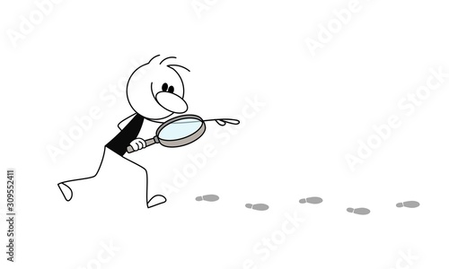 Doodle stick figure: Man with a magnifying glass investigate suspicious footprints.