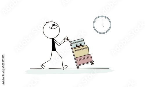 Doodle stick figure: Man with a magnifying glass investigate suspicious footprints.