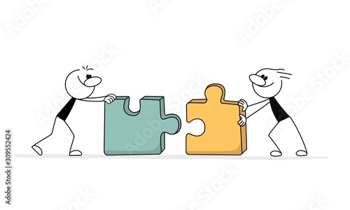 Doodle stick figure:Men connecting puzzle elements. Combining two pieces. Working together, cooperation, partnership.