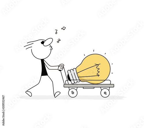 Doodle stick figure: Man is pushing a cart with a large bulb, idea.