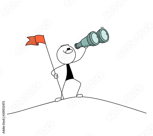 Doodle stick figure: Men with flag and binoculars.