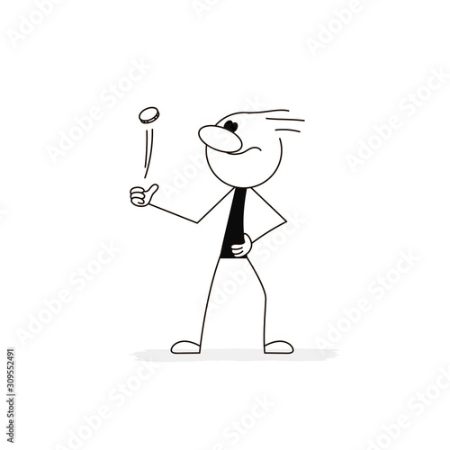 Doodle stick figure: Doodle stick figure: Man tosses a coin.