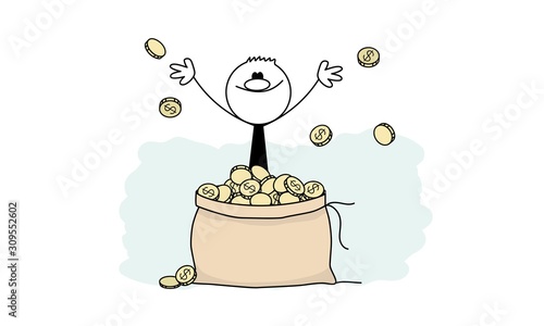Doodle stick figure: Rich man with a big bag of money. Cartoon finance concept.