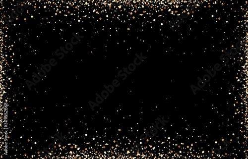 Stardust glitter frame pattern. Golden sequins vignette on black background isolated. Precious dust. 