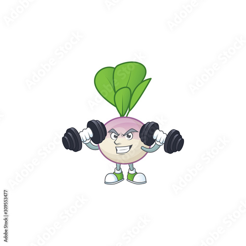 Fitness exercise turnip mascot icon with barbells