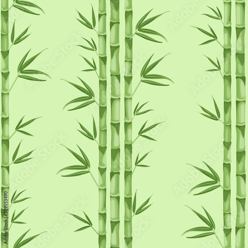 Fototapeta Naklejka Na Ścianę i Meble -  Seamless pattern with stems and leaves of bamboo on a green background. Vector illustration of tropical asian plant in cartoon flat style.