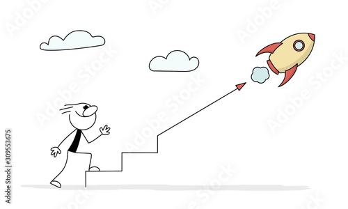 Doodle stick figure: man walking up the stairs with golden cup on the top to her goal.