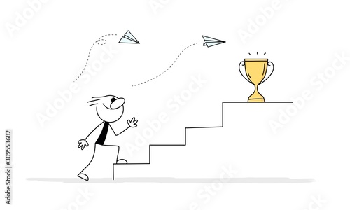 Doodle stick figure: man walking up the stairs with golden cup on the top to her goal. 