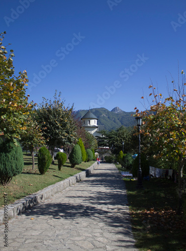 Orthodox monastery of Moraca in Montenegro. Autumn landscape.