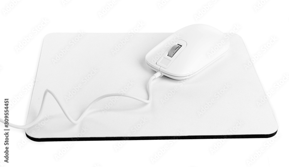 Modern wired optical mouse and pad isolated on white