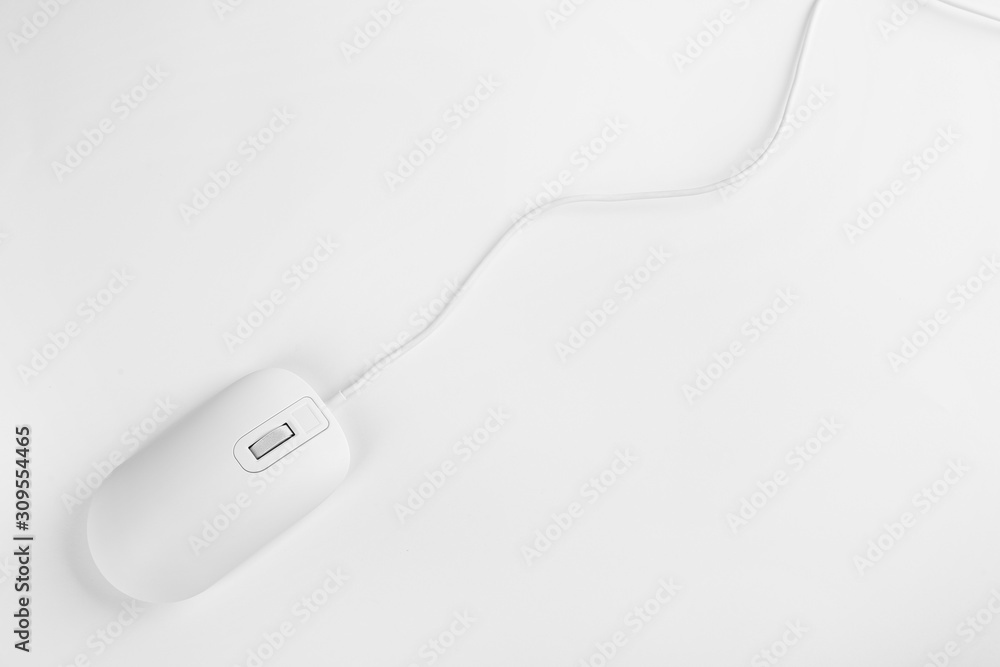 Modern wired optical mouse on white background, top view Modern wired optical mouse on white background, top view