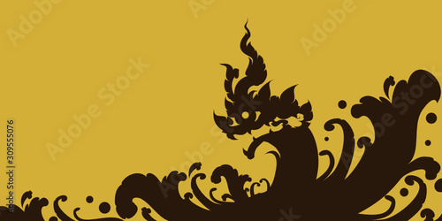 Silhouette thai pattern black naga, thai legendary serpent on gold background