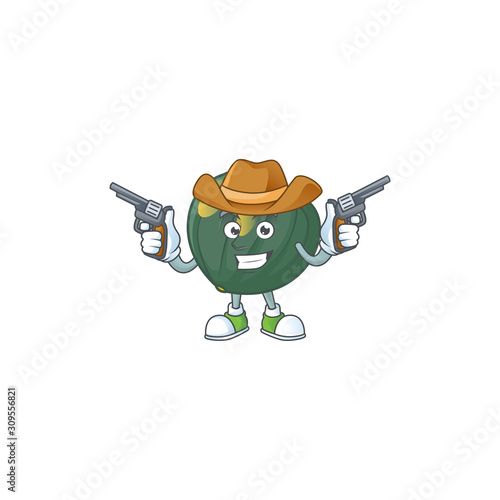 Smiling acorn squash mascot icon as a Cowboy holding guns
