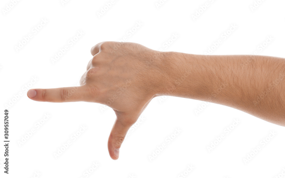 Man making frame with his hand on white background, closeup Man making frame with his hand on white background, closeup