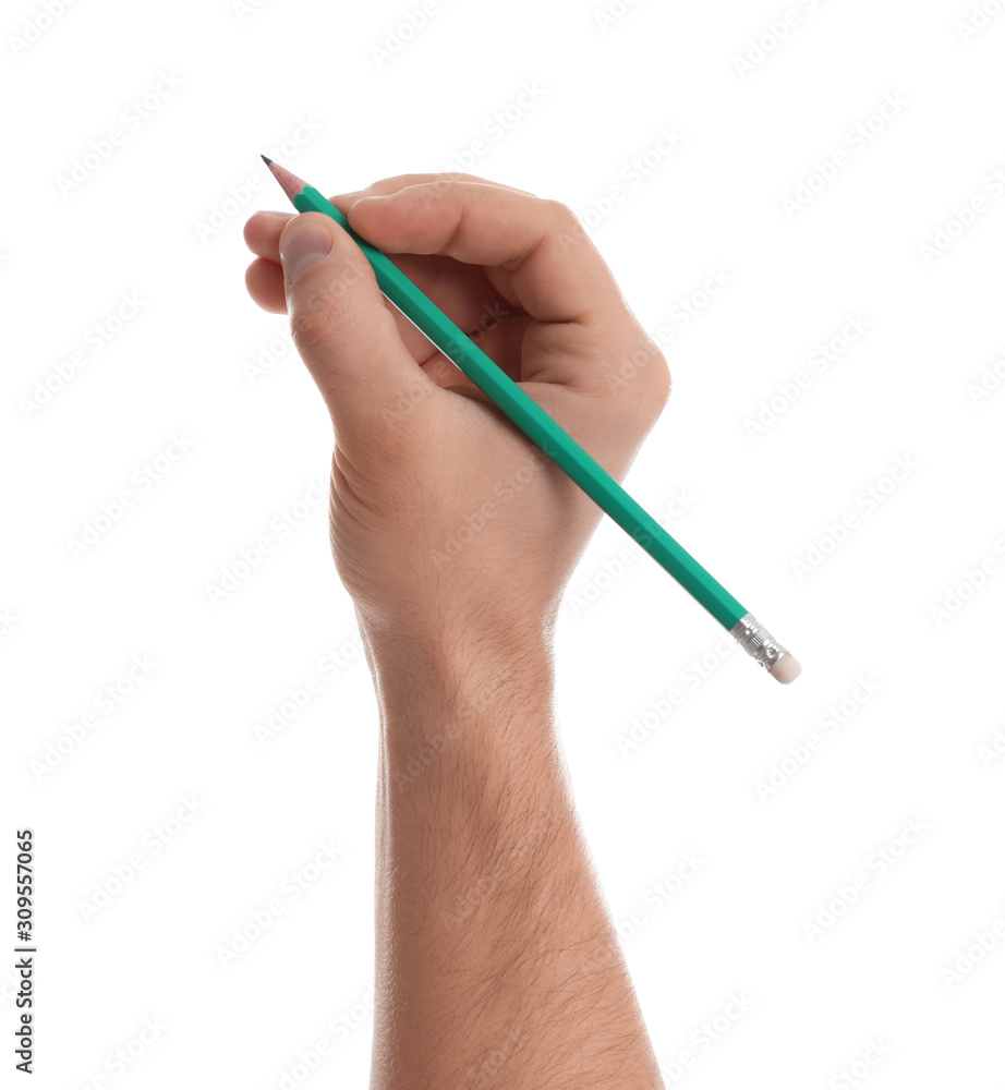 Man holding pencil on white background, closeup of hand Man holding pencil on white background, closeup of hand