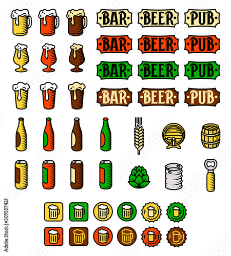 Beer icon set. Engraved style colour beer illustrations.