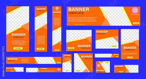 set of creative web banners of standard size with a place for photos. Vertical, horizontal and square template transparent with orange color. vector design EPS 10