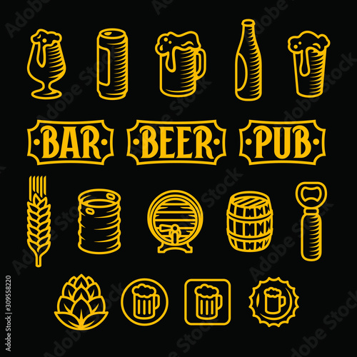 Beer icon set. Engraved style gold beer illustrations.