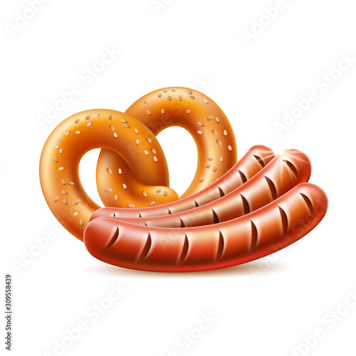 Vector realistic grilled meat sausage for bbq set