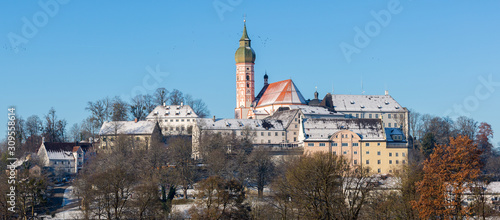 ANDECHS, BAVARIA / GERMANY - December 3, 2019: Panorama view on Andechs Monastery (Kloster Andechs). Famous bavarian pilgrimage site and brewery. Atop the so-called holy mountain (heiliger Berg).  photo