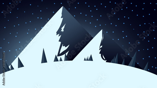Winter landscape with two big snowy mountains and blue starry sky