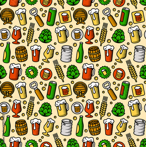 Beer pattern. Engraved style color beer illustrations.