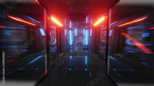 realistic futuristic glass tunnel corridor with glowing lights and brick texture 3d illustration wallpaper background © Michael
