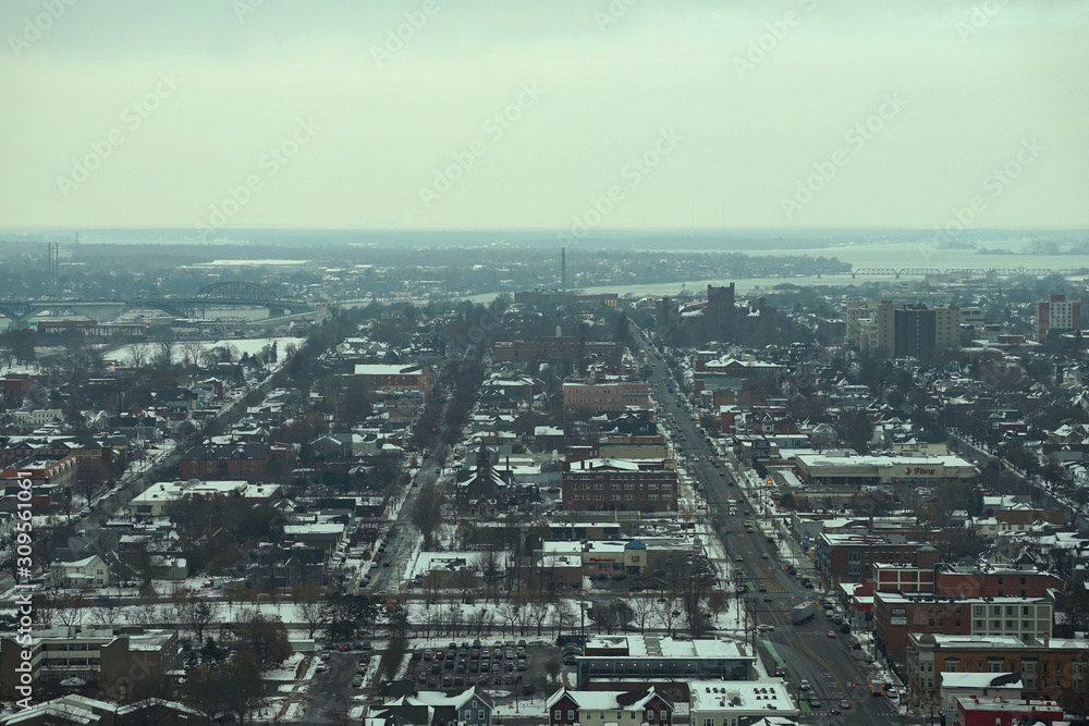 Buffalo skyline, NY. View of roads.