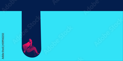 Unhappy businessman bankrupt, falling into the pit. Business concept in red and blue neon gradients